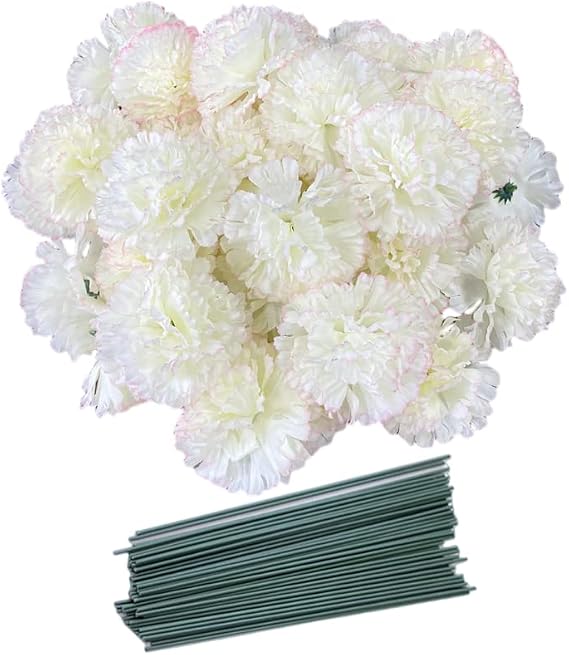50 pcs Champagne Artificial Carnation Heads with Detachable Flowers Stems