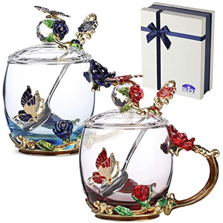 BTaT- Floral Glass Tea Cups with Lids & Spoon Set, Pack of 2, 11 oz, Blue & Red, Flower Design with Gift Box, Fancy Tea Cups, Dishwasher Safe