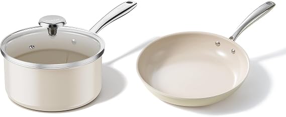Redchef Ceramic Sauce Pan with Lid 2.5QT Small Saucepan,8 inch Nonstick Frying Pan Skillet, Non Toxic with Stay Cool Handle for Induction, PTFE & PFAS & PFOA Free, Dishwasher/Oven Safe (Beige White)