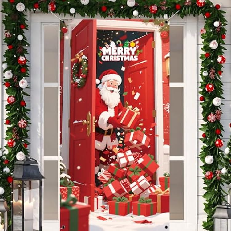 Christmas Door Cover,Santa with Gifts Red Xmas Door Covers Decorative Banner Christmas Decorations and Supplies for Home House Party Room Office Decor-71 35inches Christmas-01