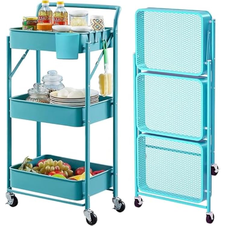 BEEY Foldable Metal Storage Cart Rolling Baskets with Wheels, No Assembly, Metal Wire Market Basket Storage Organizer Stackable Storage Bins for Kitchen,Pantry,Bedroom Blue, 3 Tier-3665