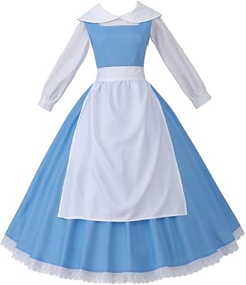 Saniplaycos Beauty Belle Cosplay Maid Apron Fancy Dress Blue Princess Costume Waitress Dress for Women