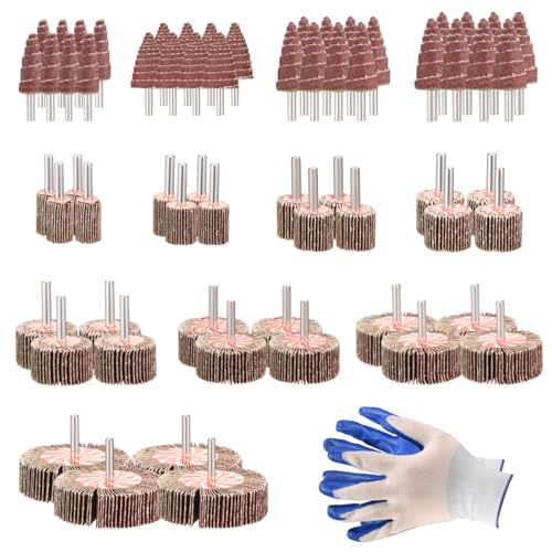 64-Pack 14 Abrasive Flap Wheel Set - 406080120 Grit Aluminum Oxide CylinderCone Wheels for RustPolish - Fit Die Grinder, Drill, Sander Tools - Includes Gloves