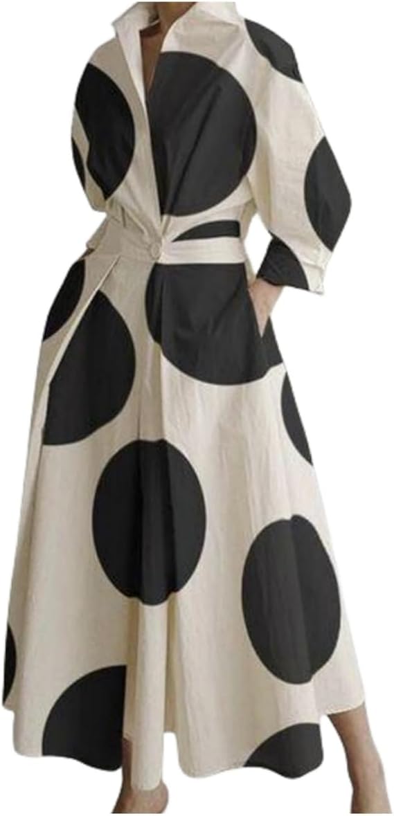 Womens Cotton Linen Shirt Dress Pleated Button Print Long Dress Long Sleeve A-line Loose Swing Dress with Pockets, X-Large, Big Spot