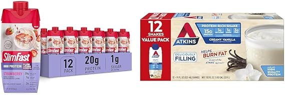 SlimFast Protein Shake, Strawberry- 20g Protein, Meal Replacement Shake Ready & Atkins Creamy Vanilla Protein Shake, 15g Protein, Low Glycemic, 2g Net Carb, 1g Sugar