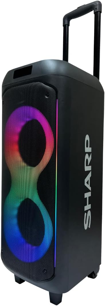 Sharp PS-935 Party Speaker System with Microphone - Bluetooth Portable Loud Speaker - Luggage-Style Handle and Wheels!