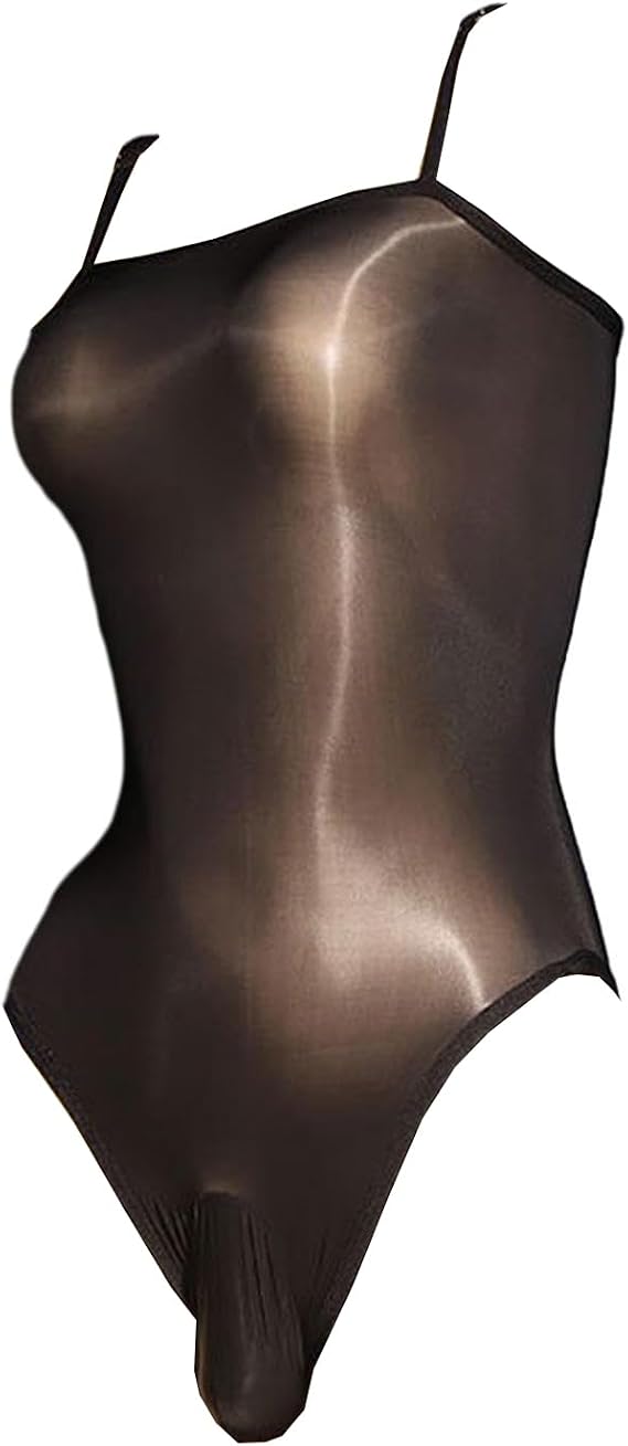 LESOYA Men's 8D Nylon Sheer Shiny Glossy Bodystocking High Cut Thong Bodysuit Catsuit with Adjustable Straps
