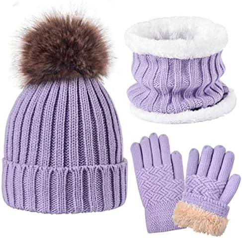 Kids Winter Knit Beanie Hat Scarf Gloves Set for Girls Boys Warm Thick Fleece Lined Cap with Pompom Mittens Neck Warmer