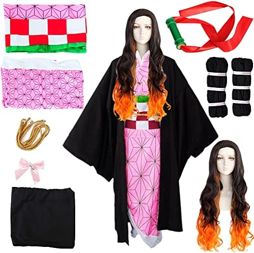 Anime Kids Womens Kamado Cosplay Costume Suit Full Set Kimono for Halloween Adult