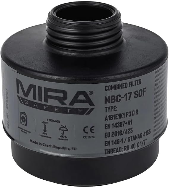 MIRA Safety - NBC-17 SOF - Single 40mm Gas Mask Filter - Multi-Gas Respirator Filters - NATO Standard Size (40mm x 1/7") - Canister Filter Fits Full-Face Respirator -10-Year Shelf-Life