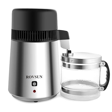 ROVSUNUpgraded 1.1 Gallon/4L Countertop Water Distiller Stainless Steel for Home, 750W Distilled Water Machine Maker Water Distillers with Glass Container, 1L/H, Silver