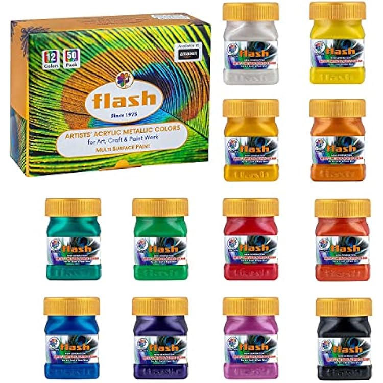 Flash Premium Iridescent Metallic Acrylic Paint Set 12 Shades,50ml,1.7 oz, Highly Pigmented & Fade-Resistant, Non-Toxic, Multi-Surface Paint for Artists, Hobby Painters