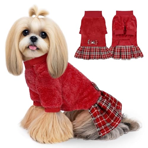WOYYHO Cozy Fleece Dog Sweater Dress, Plaid Skirt & Bowtie Winter Dress for Small Dogs Red S, Holiday Party Outfit for Cold Weather, Chihuahua, Yorkie,Puppy
