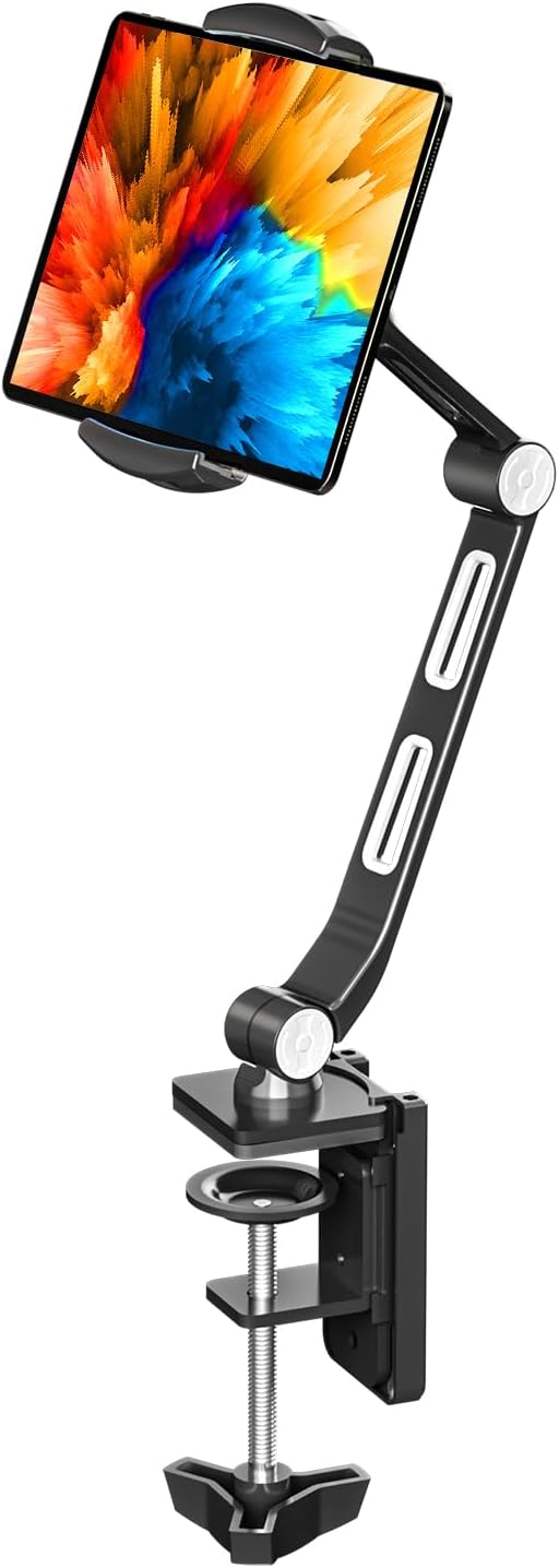 suptek Aluminum Alloy Cell Phone Desk Mount Stand 360 Tablet Stand and Holders Adjustable for iPad, iPhone, Samsung, Asus and More 4.7-11 inch Devices, Good for Bed, Kitchen, Office (YF208B)