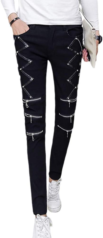 Mens Motocycle Hip Hop Skinny Rock Punk Pants