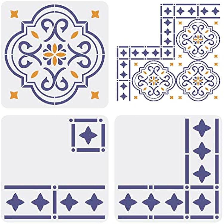 FINGERINSPIRE 3 pcs Floor Tile Stencil 11.8x11.8inch Reusable Border & Corners Stencils Moroccan Wall Stencils for Painting Concrete Stencils for Patio, Floor Tile, Wall. Home Decoration
