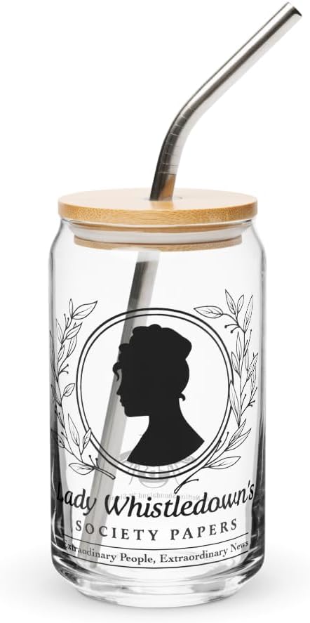 Bridgerton Lady Whistledown 16oz (473 ml) Can-Shaped Glass with Bamboo Lid and Straw Officially Licensed