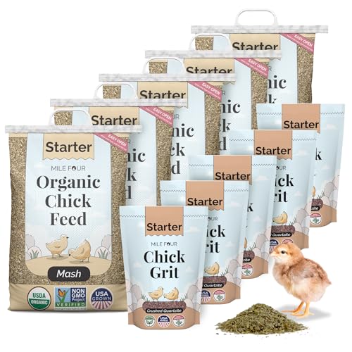 Mile Four Organic Baby Chick Feed Kit | Feeds 10 Baby Chickens for 8 Weeks | Organic, Non-GMO, 21% Protein Chicken Feed 115 lb  Chick Grit 20 lb