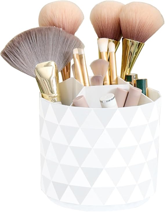 Nwvuop Make Up Organiser 360° Rotatable Make Up Brush Holder Cosmetic Brush Storage Cosmetic Organiser for Room Decor Dressing Table Bedroom (White)