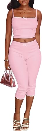 Ecirod Womens Sexy 2 Piece Outfits Sleeveless Spaghetti Strap Camisole Crop Tank Tops Y2k Capri Pants Sets