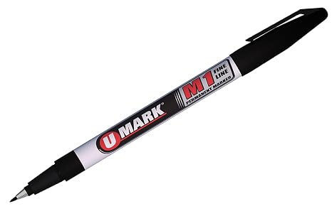 U-Mark M1 Fine Line Permanent Ink Marker 1mm Nylon Tip, Marks On Plastic Glass Bottles Tape Film Tags Parts Labels and Tools, 12 Pack, Black