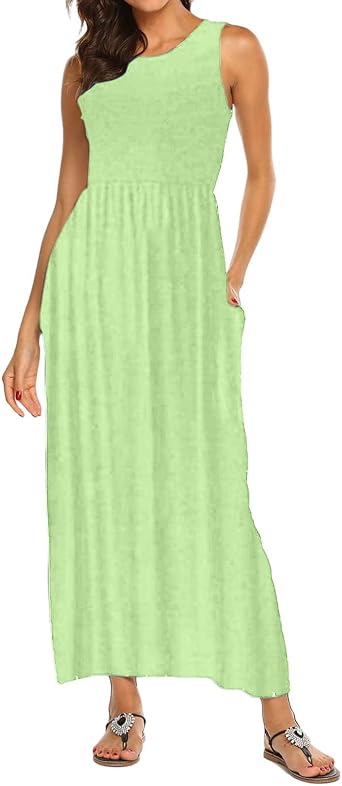 Women's Sleeveless Maxi Dress Patchwork Tank Top Flowy Dress Summer Pleated Long Sundress with Pockets