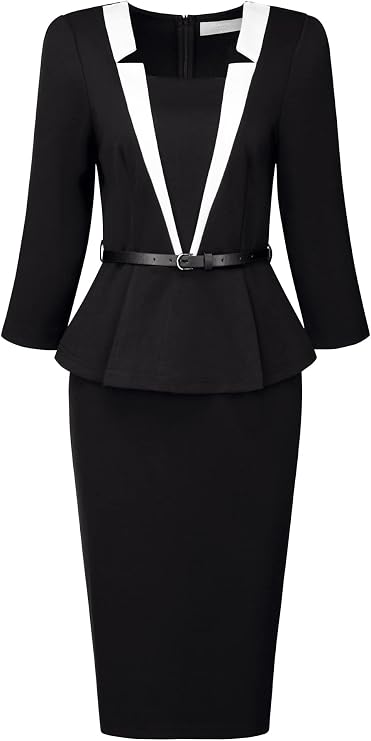 Hobemty Women's Office Dress 3/4 Sleeve Notch Collar Work Sheath Dresses