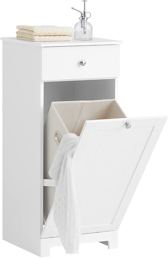 SoBuy Laundry Storage Cabinet Tilt Out Hamper, Slim Narrow, White | Slim Tilt-Out Hidden Laundry Hamper With Drawer & Open Shelf, Compact Multi-Scene Bathroom Storage Unit, BZR21-W