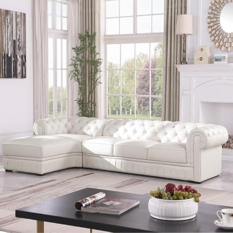 Genuine Leather Sectional Couch, L Shape Top Grain Leather Sofa with 5 Seaters for Living Room Furniture Set, Chesterfield Couches with Button Tufted Design for HouseLounge,Cream