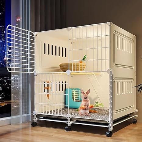 Indoor Rabbit Cage with Wheels - 2 Tier Hutch for Small Pets Easy Assembly & Ventilation Design
