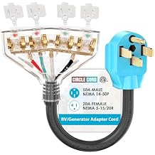 CircleCord ETL Listed 50 Amp to 110V RV/Generator Distribution Adapter Cord, NEMA 14-50P Male to 4X 5-15R/5-20R T-Blade Household Outlet Female with Dust Protection Caps