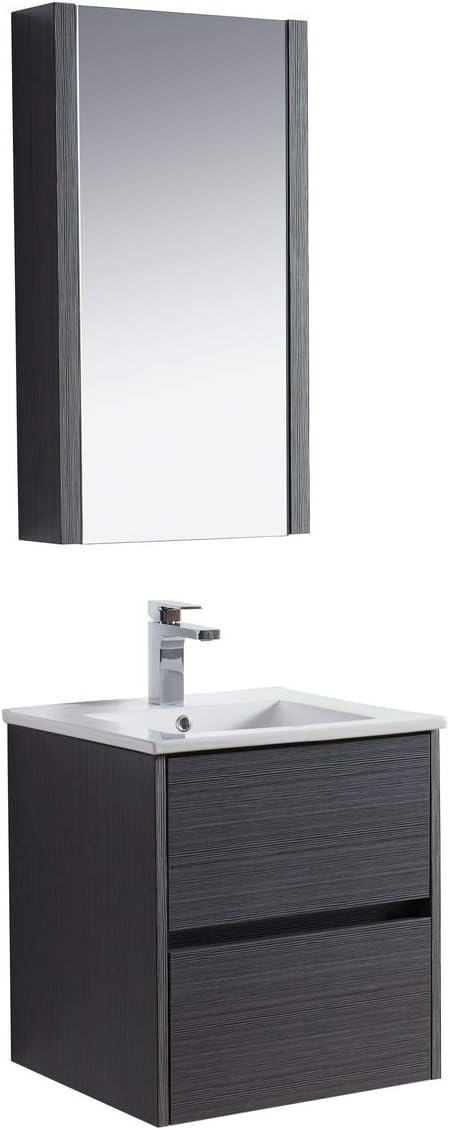 Blossom Single Bathroom Vanity with Ceramic Sink and Mirror Medicine Cabinet | All Wood Floating Vanity Cabinet | 2 Soft-Closing U-Shaped Cutout Drawers | 20 inch, Silver Grey