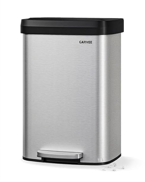 Garvee 13 gal / 50 L Stainless Steel Trash Can with Lid, Large Garbage Can for Kitchen, Rustproof Step-on Kitchen Metal Trash Bin with Liner Rim, Rear Handle, Soft Close Plastic Lid, Silver