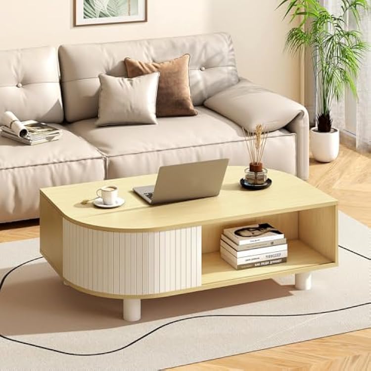 Redkey Mid-Century Modern Coffee Table - Oak Coffee Table with Curved Sliding Fluted Door - Rustic Center Table for Living Room with Willow Leaf Shape Design - 40"
