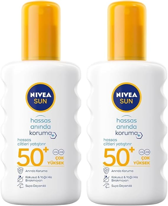 NIVEA SUN SPF50 Anında Güneş Koruyucu Sprey 200ml, Hassas Ciltler İçin Yatıştırıcı, UVA UVB Koruması (2 paketi)