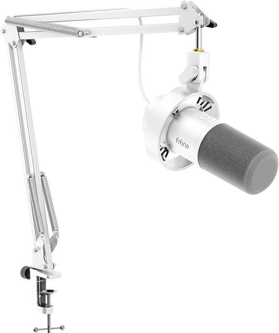 FIFINE K688CTW White Podcast Microphone Kit | Dynamic Mic with Boom Arm, XLR/USB Ports for PC, Audio Mixer. Gaming Mic with Headphone Jack for Vocal, Music Recording.