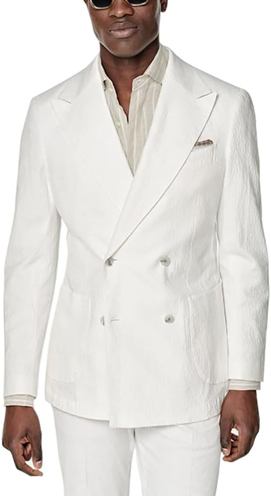 Mens White Seersucker Suit Grooms Double Breasted Suit for Wedding Mens Formal Suits Slim Fit