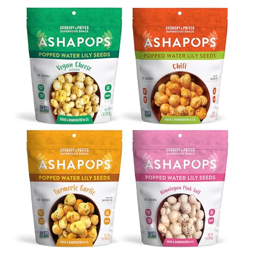 AshaPops Variety Pack Popped Water Lily Seeds - Gluten Free | Vegan | Paleo | Kosher OU| Soy Free | 1 oz | Pack of 4 Bags