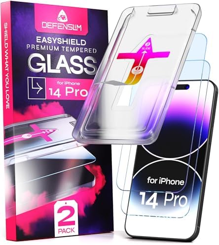 Defenslim Screen Protector for iPhone 14 Pro 2Pack, Easy Auto-Align Install Kit, 6.1 Tempered Glass, 9H Hardness, Ultra HD Clear, Case Friendly, EasyShield