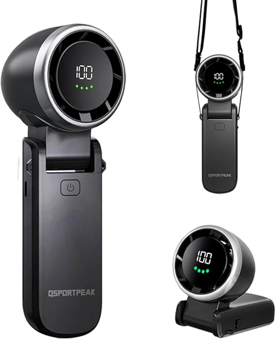 QSPORTPEAK Mini foldable turbo fan,5 High Speeds Adjustable Handheld portable turbo Fan,4000mAh Rechargeable Battery Operated Fan with LED Display,Suitable for Travel/Camping/Outdoor,Black