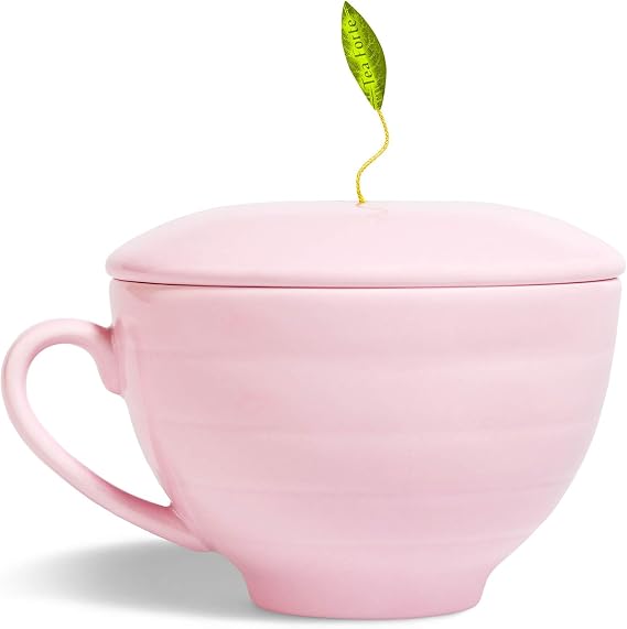 Tea Forte Café Cup with Lid, Rose Pink, 8 oz | Porcelain Cup & Matching Lid - Custom Steeping Cover - Microwave & Dishwasher Safe - Elegant Tea Mug