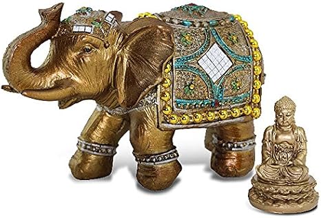 Feng Shui Brass Color 6" Elegant Thai Elephant Trunk Statue Wealth Lucky Figurine + Gold Mini Buddha Home Decor Gift