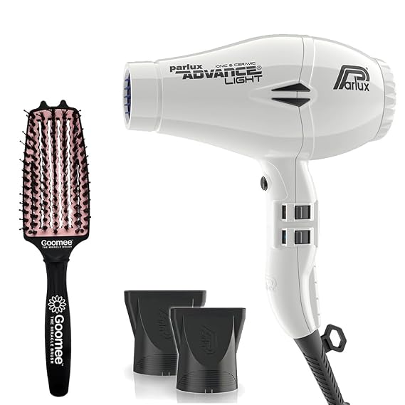 Parlux Advance Light Ionic and Ceramic White Hair Dryer with Miracle Detangling Brush Medium Size Nylon & Boar Bristles for All Hair Types Blush Pink