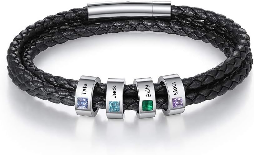 JewelOra Personalized Men's Bracelet with 1-8 Names Custom Birthstone Bracelets for Men Customized Bracelet with Family Names Jewelry Gifts for Fathers Day