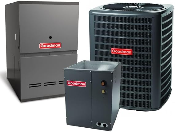 Goodman 4 TON 14.5 SEER2 Condenser, 80% AFUE 100k BTU (21 inches wide) Furnace with matched downflow coil (GLXS4BA4810,CAPTA6030C3,GD9T801005CX) Free thermostat included.