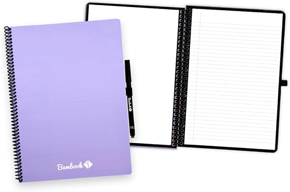 BAMBOOK Colourful Reusable Notebook - Lilac - A4 - Blank - Reusable Notebook, Rewritable Notebook, Dry Erase Board Notebook, Whiteboard Notebook, Erasable Notebook - Includes Free Pen App