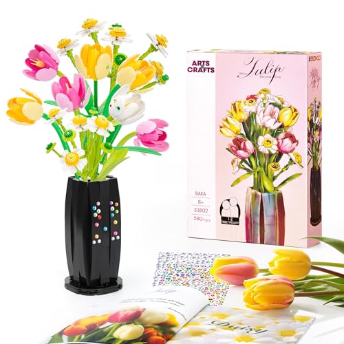 Flowers Bouquet Building Set for Adults - Artificial Flowers with Tulips & Daisy - Botanical Collection, Christmas, Mothers Day or Valentines Gifts for Her, Him and Mothers -580pcs