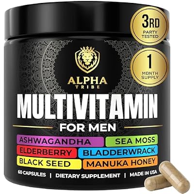 Alpha Tribe Multivitamin for Men with Seamoss Black Seed Oil Ashwagandha Burdock Root, Turmeric Bladderwrack, Vitamin C, Elderberry, Manuka, Yellow Dock | Daily Mens Vitamins and Minerals Supplement