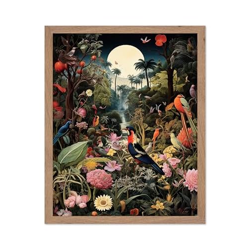 Monem Art Jungle Print - Forest Poster - Trippy Art - Surreal Bird Wall Design - Gift for Men, Women & Animal Lover - Aesthetic Decor for Office, Bedroom or Living Room - 8x10 Beige Framed
