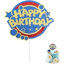 Glitter Blue with Gold Ring Print Cake Topper, Double-Sided Cartoon Themed Happy Birthday Cake Centerpiece, Party Decoration for Kids Boys Girls Birthday Decor Supplies